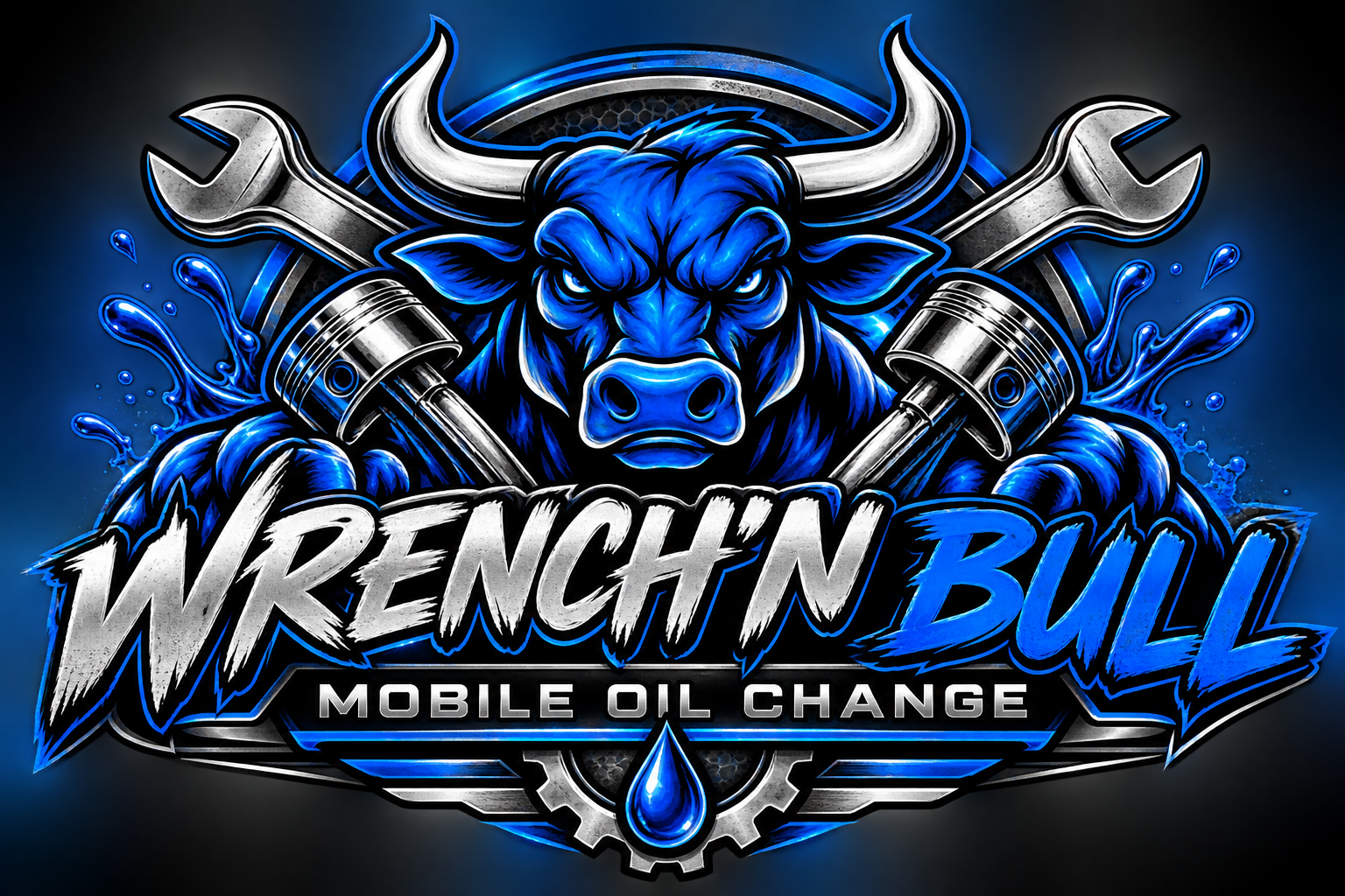Wrench’n Bull blue bull with chrome wrenches and pistons